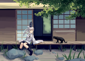 1girl animal black_cat blue_boots blue_hat blue_skirt boots cat closed_mouth furahata_gen grass grey_eyes grey_hair grey_ribbon hat highres japanese_clothes kariginu long_hair long_sleeves looking_at_animal mononobe_no_futo ponytail ribbon robe rock shouji sitting skirt sleeves_past_fingers sleeves_past_wrists sliding_doors smile solo touhou tree white_ribbon white_robe