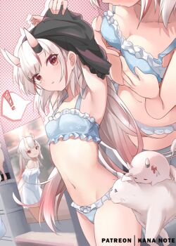 ! 1girl armpits blue_bra blue_panties bra breasts cat cleavage collarbone commentary_request dress gradient_hair grin hair_between_eyes hololive horns long_hair looking_at_viewer md5_mismatch midriff mujinbensin multicolored_hair nakiri_ayame navel panties parted_lips poster_(object) poyoyo_(nakiri_ayame) resolution_mismatch sidelocks silver_hair skin-covered_horns small_breasts smile source_larger spoken_exclamation_mark streaked_hair two-tone_hair underwear underwear_only undressing virtual_youtuber white_cat white_dress