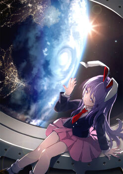 1girl animal_ears blazer chinese_commentary collared_shirt commentary_request dise_(psychoro) earth_(planet) highres jacket long_hair long_sleeves necktie pink_nails pink_skirt planet pleated_skirt purple_hair purple_jacket rabbit_ears rabbit_girl red_eyes red_necktie reisen_udongein_inaba shirt sitting skirt solo touhou very_long_hair white_shirt
