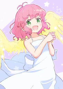 1girl ahoge angel_wings collarbone commentary_request dress dress_ribbon feathered_wings green_eyes halterneck harpy harpy_(puyopuyo) highres jazz_grace messy_hair monster_girl open_mouth own_hands_together pink_hair puyopuyo ribbon short_hair sidelocks solo star_(symbol) two-tone_background white_dress white_ribbon wings yellow_wings