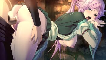 1boy 1girl against_wall anus ass breasts breasts_out censored defloration doggystyle dungeon_of_regalias game_cg green_eyes large_breasts looking_back m&amp;m_(mickey_and_mackey) nemu_(dungeon_of_regalias) nipples open_mouth penis pink_hair ponytail pussy sex sex_from_behind short_hair thighs