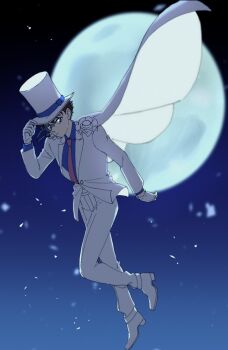 Rule 34 | 1boy, arituhama, blue shirt, cape, closed mouth, collared shirt, commentary request, floating cape, formal clothes, full body, full moon, hat, highres, jacket, kaitou kid, magic kaito, male focus, monocle, moon, necktie, pants, red necktie, shirt, solo, suit, top hat, white cape, white jacket, white pants, white suit