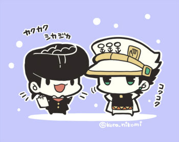 2boys androgyne_symbol belt black_hair black_shirt chibi chibi_only coat earrings full_body gakuran green_eyes hat higashikata_josuke holding jewelry jojo_no_kimyou_na_bouken kotorai kuujou_joutarou male_focus multiple_boys no_nose open_mouth outline pants pompadour school_uniform shirt short_hair snowing translation_request twitter_username white_coat white_headwear white_outline white_pants