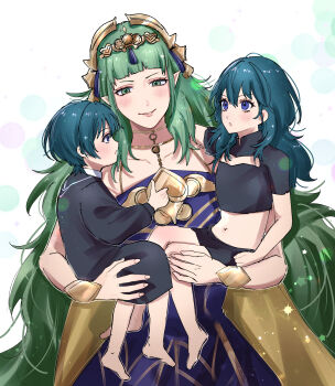 1boy 2girls absurdres aged_down barefoot blue_eyes blue_hair carrying carrying_person child cleavage_cutout clothing_cutout collarbone commentary_request dress female_byleth_(fire_emblem) fire_emblem fire_emblem:_fortune&#039;s_weave fire_emblem:_three_houses green_eyes green_hair grey_background highres long_hair looking_at_another male_byleth_(fire_emblem) motherly multiple_girls nintendo pointy_ears purple_dress purple_eyes simple_background sothis_(adult)_(fire_emblem) sothis_(fire_emblem) tani11a very_long_hair