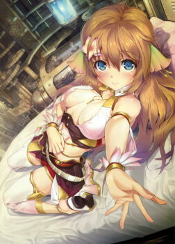 1girl ar_nosurge bed bed_sheet blue_eyes blush breasts breasts_apart brown_hair ciel_nosurge female_focus flower hair_flower hair_ornament hair_ribbon hair_spread_out hairclip happoubi_jin highres ionasal_kkll_preciel jewelry large_breasts long_hair looking_at_viewer machine necklace no_bra open_clothes ribbon shoes skirt smile solo surge_concerto thighhighs zettai_ryouiki
