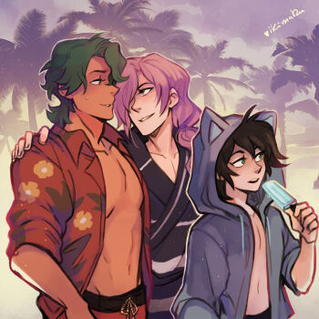 3boys androgynous black_hair cherry_blossom_(sk8) dark-skinned_male dark_skin food green_eyes green_hair highres ikimaru joe_(sk8) long_hair miya_(sk8) multiple_boys orange_eyes pale_skin pectorals pectorals pink_hair ponytail popsicle short_hair sk8_the_infinity tagme yaoi yellow_eyes