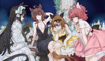 4girls :/ agnes_tachyon_(umamusume) ahoge animal animal_ears arm_behind_head arm_up armpits bare_shoulders between_legs black_cat black_dress black_hair blonde_hair bow bracelet breasts brown_hair candle cat chemical_structure cleavage closed_mouth collarbone colored_tips column commentary dantsu_flame_(umamusume) dress ear_covers earrings elbow_gloves frilled_hairband frills gloves hair_between_eyes hairband hand_between_legs hand_on_own_cheek hand_on_own_face highres holding holding_animal holding_cat horse_ears horse_girl horse_tail huge_ahoge jam_(umamusume) jewelry jungle_pocket_(umamusume) long_hair looking_at_viewer manhattan_cafe_(umamusume) medium_breasts medium_hair multicolored_hair multiple_girls necklace night pearl_necklace pillar pink_dress plant plunging_neckline red_eyes sarcophage single_earring sitting sky sleeveless sleeveless_dress smile standing star_(sky) starry_sky strapless strapless_dress symbol-only_commentary tail umamusume very_long_hair vines white_bow white_dress white_gloves white_hair white_hairband yellow_eyes