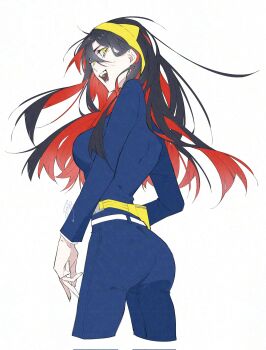 1girl alternate_breast_size_(larger) ass belt black_hair blue_jacket blue_pants blueberry_academy_school_uniform breasts carmine_(pokemon) colored_inner_hair commentary corrupted_twitter_file fanny_pack hair_between_eyes hairband highres jacket large_breasts long_hair long_sleeves looking_at_viewer mole mole_under_eye multicolored_hair nintendo ofuton_1414 open_mouth pants pokemon pokemon_scarlet_and_violet red_hair school_uniform smile solo standing teeth two-tone_hair white_background white_belt yellow_eyes yellow_hairband