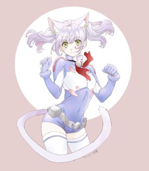 1girl animal_ears ascot asobi_ni_iku_yo! bell belt belt_pouch blue_leotard blush boots bracer breasts cat_ears cat_tail chaika clenched_hands closed_mouth clothing_cutout collar covered_navel cowboy_shot dated earrings extra_ears gloves green_eyes highres jewelry jingle_bell leotard looking_at_viewer loose_belt morishima_noriko neck_bell pouch purple_hair short_hair short_twintails small_breasts smile solo tail tail_through_clothes thighhighs turtleneck twintails utility_belt white_hair white_thighhighs