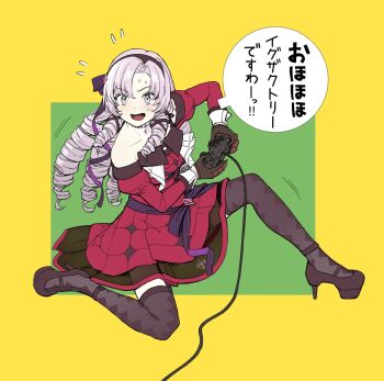 1girl bare_shoulders black_hairband black_thighhighs commentary controller detached_sleeves dress drill_hair flying_sweatdrops full_body game_controller hairband hashtag-only_commentary high_heels holding holding_controller holding_game_controller hyakumantenbara_salome juliet_sleeves long_sleeves nijisanji off-shoulder_dress off_shoulder on_one_knee pink_eyes pink_hair platform_heels playstation_controller puffy_sleeves red_dress solo sweat thighhighs translation_request virtual_youtuber watanore