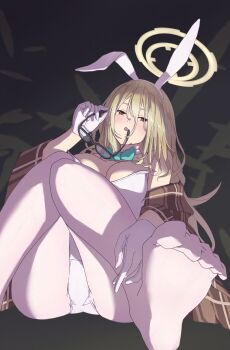1girl absurdres akane_(blue_archive) akane_(bunny)_(blue_archive) animal_ears ass bare_shoulders blonde_hair blue_archive bow bowtie commentary_request detached_collar fake_animal_ears feet glasses gloves halo highres jacket jacket_partially_removed leotard long_hair matsumoto_yutaka official_alternate_costume pantyhose plaid_clothes plaid_shawl playboy_bunny rabbit_ears shawl sitting solo unworn_eyewear white_gloves white_leotard