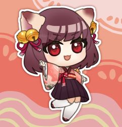 Rule 34 | 1girl, :3, ahoge, animal ears, bell, bow, brown hair, brown skirt, cat ears, cat girl, chibi, commentary request, frilled sleeves, frills, full body, hair bell, hair ornament, hair ribbon, hirahude, ichihime, japanese clothes, jingle bell, kimono, long sleeves, looking at viewer, mahjong soul, medium bangs, obi, open mouth, outline, outstretched arms, pink background, pink kimono, red bow, red eyes, red ribbon, red sash, ribbon, sash, short hair, skirt, solo, spread arms, thighhighs, v-shaped eyebrows, waist bow, white outline, white thighhighs, wide sleeves