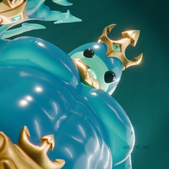 1boy 3d absurdres ajtr_95 bara crown foreshortening fortnite highres large_pectorals looking_at_viewer looking_down male_focus meme monster_boy muscular muscular_male nipples pec_pov_(meme) pectoral_focus pectorals photo-referenced polearm poseidon_(fortnite) short_hair slime_boy solid_circle_eyes solo thick_eyebrows topless_male trident upper_body weapon