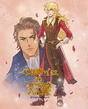 2boys androgynous blonde_hair brown_hair closed_mouth commentary_request erhardt_(octopath_traveler) falling_petals hands_on_own_hips long_hair looking_at_viewer male_focus mature_male multiple_boys octopath_traveler octopath_traveler_i olberic_eisenberg petals pink_background red_petals regan_(hatsumi) scar scar_on_face standing wavy_hair