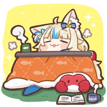 1girl :3 =_= ahoge animal_ear_fluff animal_ears animal_print blonde_hair blue_hair blue_streaks blush_stickers book cat_ears chibi chibi_only commentary crab cup fish_print indie_virtual_youtuber kaniki_(sameko_saba) kotatsu mug multicolored_hair one_side_up same_anko sameko_saba smile solo sparkle steam streaked_hair table two-tone_hair under_kotatsu under_table virtual_youtuber