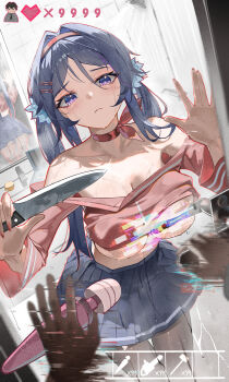 1girl 1other absurdres bare_shoulders black_pantyhose blue_eyes blue_hair blue_skirt censored chinese_commentary closed_mouth clothes_lift collarbone commentary_request cowboy_shot crazy_mita_(miside) dildo fingernails gameplay_mechanics glitch glitch_censor hair_intakes hair_ornament hairband highres hitachi_magic_wand holding holding_knife holding_sex_toy huade_xiami knife long_hair looking_at_viewer miside mita_(miside) multicolored_eyes neck_ribbon pantyhose pink_shirt pleated_skirt pov purple_eyes red_hairband red_ribbon reflection ribbon sex_toy shirt shirt_lift shower_(place) skirt two-tone_eyes vibrator