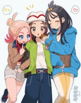 3girls :d :o abe_(kumayu) absurdres black_hair blonde_hair blue_eyes blue_hoodie blue_pants brown_eyes brown_hair choppy_bangs closed_eyes commentary_request cube_hair_ornament food green_jacket hair_bun hair_ornament harmony_(pokemon) hat heart highres holding holding_food hood hood_down hoodie jacket lida_(pokemon) locked_arms long_hair multiple_girls nintendo open_clothes open_hoodie open_jacket open_mouth pants pokemon pokemon_legends:_z-a shirt short_hair shorts smile spoken_heart spoken_star star_(symbol) taunie_(pokemon) twintails white_hat white_shirt white_shorts