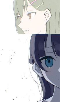 Rule 34 | 2girls, blue eyes, blue hair, brown eyes, chromatic aberration, commentary request, green hair, hair ornament, hairclip, half updo, highres, link! like! love live!, love live!, multiple girls, murano sayaka, ogami sachi, parallel hairclips, parted lips, raised inner eyebrows, simple background, syoma (1026syoma), thumbnail collage, virtual youtuber, white background