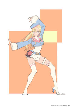 1girl arm_up belt belt_pouch beret blonde_hair blue_belt blue_eyes blue_hat blue_jacket boots copyright_notice cropped_jacket dress earrings full_body hand_in_own_hair hand_up hat high_heel_boots high_heels highres jacket jewelry long_hair long_sleeves looking_at_viewer official_art orange_background outstretched_arm pouch short_dress smile solo standing thigh_boots thighs towa_no_yuugure white_background white_boots white_dress wide_sleeves yuugure_(towa_no_yuugure)
