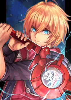 1boy blonde_hair blue_eyes jacket looking_at_viewer male_focus monado natrium_picture short_hair shulk_(xenoblade) simple_background sword vest weapon xenoblade_chronicles_1 xenoblade_chronicles:_future_connected xenoblade_chronicles_(series)