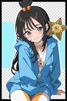 1girl black_hair blue_hoodie blush choker closed_mouth collarbone commentary_request cube_hair_ornament earclip gen_1_pokemon grey_eyes hair_ornament highres hood hood_down hoodie jacket leggings lida_(pokemon) long_hair long_sleeves looking_at_viewer nintendo odorukaminoke orange_leggings pokemon pokemon_(creature) pokemon_legends:_z-a shirt sitting smile staryu topknot two-tone_legwear white_choker white_leggings wispy_bangs