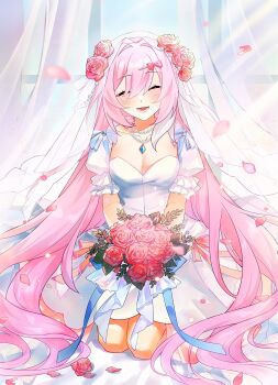1girl bouquet breasts bridal_veil chinese_commentary cleavage commentary_request curtains dress elysia_(herrscher_of_human:_ego)_(honkai_impact) elysia_(honkai_impact) falling_petals flower flower_ornament highres holding holding_bouquet honkai_(series) honkai_impact_3rd indoors jewelry kzkhjm99 large_breasts long_hair multicolored_hair necklace petals pink_hair red_flower red_rose rose solo two-tone_hair veil very_long_hair wedding_dress white_dress white_hair window
