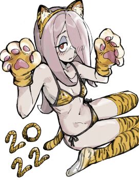 1girl 2022 alternate_costume animal_ear_hairband animal_ears animal_hands animal_print bags_under_eyes bare_shoulders bikini blush breasts brown_hair chinese_zodiac commentary english_commentary fake_animal_ears full_body gloves hair_over_one_eye hairband half-closed_eyes hands_up highres little_witch_academia long_hair looking_at_viewer navel pale_skin paw_gloves paw_pose red_eyes sitting small_breasts solo sucy_manbavaran swimsuit tail thighhighs tiger_ears tiger_paws tiger_print tiger_stripes tiger_tail wariza woogleboy year_of_the_tiger