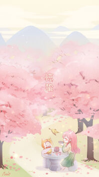 1girl alcohol animal artist_request bird blunt_bangs blush_stickers bowl capelet cat cherry_blossoms chibi chinese_clothes chinese_commentary chinese_text closed_eyes closed_mouth clothed_animal cloud commentary_request copyright_name cup day drinking ear_covers falling_petals flats flower fog grass green_skirt happy highres holding holding_bowl holding_cup hood hood_up hooded_capelet light_particles long_hair long_skirt long_sleeves momo_(nikki) nikki_(nikki) nikki_(series) official_art on_stool outdoors path petals pink_flower pink_hair pleated_skirt road second-party_source shining_nikki shirt sidelocks sitting skirt sky smile spring_(season) straight_hair sunrise table translation_request tree very_long_hair white_cat white_footwear wide_sleeves yellow_bird yellow_capelet yellow_shirt yellow_sky