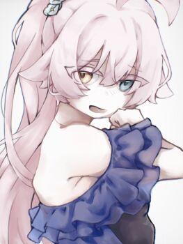 1girl armpits ayumu_umuya bare_arms bare_shoulders blue_archive colored_eyelashes colored_skin commentary_request dress hair_between_eyes hand_up heterochromia highres hoshino_(blue_archive) hoshino_(dress)_(blue_archive) long_hair looking_at_viewer open_mouth pink_hair ponytail simple_background white_background white_skin