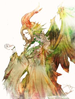1girl bead_bracelet beads bracelet brown_hair closed_mouth commentary dragon_girl dragon_horns dragon_wings dress final_fantasy final_fantasy_xiv fins green_dress green_wings hand_up head_fins horns jewelry long_hair personification red_eyes red_horns ruka_(blueplus84) scales solo tiamat_(ff14) twitter_username wings