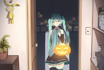 1girl absurdres ahoge aqua_eyes aqua_hair aqua_necktie balcony basket black_ribbon black_skirt black_sleeves black_thighhighs blurry bokeh cat clenched_hand collared_shirt commentary depth_of_field detached_sleeves doorway double-parted_bangs grey_shirt hair_ribbon halloween_bucket hatsune_miku highres holding holding_basket homu_(honkai_impact) honkai_(series) hook indoors laluna light_particles light_smile light_switch long_hair miniskirt necktie night open_door plant pleated_skirt potted_plant ribbon shadow shelf shirt sideways_glance skirt sleeveless sleeveless_shirt solo straight-on straight_hair stuffed_toy thighhighs twintails vocaloid wooden_door zettai_ryouiki