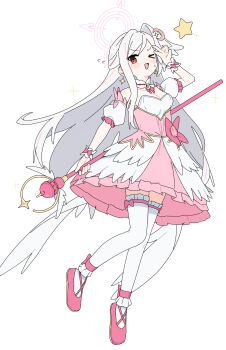 &gt;_o 1girl absurdres ame_miya_ta blue_archive blush breasts cleavage crescent crescent_hair_ornament dress earrings flying_sweatdrops full_body hair_ornament halo head_wings highres holding holding_staff jewelry long_hair looking_at_viewer magical_girl medium_breasts one_eye_closed open_mouth pink_shoes red_eyes shoes simple_background single_head_wing solo staff star_(symbol) strapless strapless_dress suzumi_(blue_archive) suzumi_(magical)_(blue_archive) sweat thighhighs very_long_hair white_background white_thighhighs wings