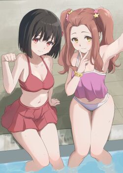 Rule 34 | 2girls, 3:, bikini, black hair, breasts, brown hair, casyu nut, collarbone, freckles, hair ornament, hibike! euphonium, highres, hisaishi kanade, kenzaki ririka, light blush, long hair, medium breasts, medium hair, multiple girls, navel, partially submerged, paw pose, pool, purple bikini, red bikini, red eyes, scrunchie, selfie, smile, star (symbol), star hair ornament, swimsuit, thighs, twintails, v, wet, wrist scrunchie, yellow eyes