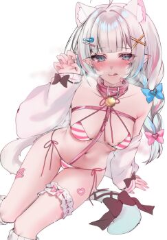1girl :q acedia ahoge alternate_costume animal_ear_fluff animal_ears arm_support bandaid bandaid_on_face bandaid_on_leg bandaids_on_nipples bdsm bell belt_collar between_breasts bikini blue_bow blue_eyes blue_hair blush bondage bound bow braid breasts cardigan cat_ears cat_girl cat_tail collar collarbone commentary feet_out_of_frame fingernails frilled_thigh_strap from_above grey_hair hair_bow hair_ornament hairclip hand_up heavy_breathing highres indie_virtual_youtuber leg_warmers long_hair long_sleeves low_twin_braids medium_breasts mint_fantome mint_fantome_(otaku) multicolored_hair navel_peek neck_bell open_cardigan open_clothes pasties pink_bikini pointy_ears side-tie_bikini_bottom simple_background sitting solo streaked_hair string_bikini striped_bikini striped_clothes swimsuit tail tail_bow tail_ornament thigh_gap thigh_strap tongue tongue_out twin_braids underwear virtual_youtuber white_background white_bikini white_cardigan x_hair_ornament