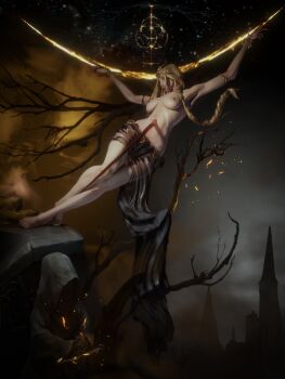 3d absurdres barefoot circlet cosplay elden_ring elden_ring:_shadow_of_the_erdtree gold_circlet gold_diadem great_rune_(elden_ring) highres impaled pear_force_one queen_marika_the_eternal queen_marika_the_eternal_(cosplay) topless_female