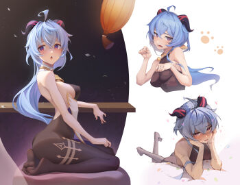 1girl @_@ absurdres ahoge arm_rest ass backless_outfit bare_arms bare_back bare_shoulders bell belt_collar black_background black_bodysuit black_pantyhose blue_hair blush bodysuit breasts cheek_rest collar commentary_request covered_erect_nipples cowbell cropped_torso crossed_bangs cushion detached_collar dsbz elbow_rest falling_petals feet feet_up full_body ganyu_(genshin_impact) genshin_impact goat_horns gradient_eyes hand_on_own_thigh hands_on_own_face heart heart-shaped_pupils highres horns lantern legs long_hair looking_at_viewer looking_to_the_side low_ponytail lying medium_breasts multicolored_eyes multiple_views neck_bell no_detached_sleeves no_shoes on_stomach open_mouth pantyhose paper_lantern paw_pose paw_print paw_print_background pelvic_curtain petals ponytail purple_eyes seiza sideboob simple_background sitting soles symbol-shaped_pupils toes triangle_mouth two-tone_background white_background zabuton