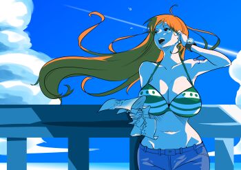 10384719_(user_wyeu8773) 1girl absurdres adjusting_hair bare_shoulders bikini bikini_top_only blue_pants blue_sky bracelet breasts brown_eyes cleavage cloud cloudy_sky collarbone commentary cowboy_shot curvy denim earrings floating_hair green_bikini halterneck hand_up highres holding holding_map huge_breasts jeans jewelry large_breasts log_pose long_hair looking_up map nami_(one_piece) nami_(one_piece)_(return_to_sabaody) navel one_piece open_mouth orange_hair outdoors pants pearl_earrings shoulder_tattoo sky solo stomach straight-on swimsuit tattoo wide_hips
