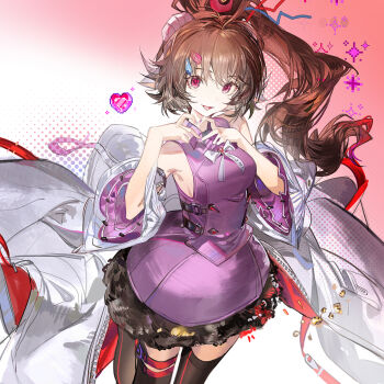 1girl absurdres animal_ears ardelia_(arknights) arknights arknights:_endfield bow bowtie brown_hair chinese_commentary coat commentary_request dress eyjafjalla_(arknights) hair_ornament heart heart_hands highres horns long_hair looking_at_viewer pink_dress pink_eyes plumw ponytail sheep_ears sheep_horns white_coat