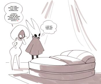2girls ange_(angeban93) arthropod_girl bed blanket cloak english_text greyscale highres hollow_eyes hollow_knight hollow_knight:_silksong horned_mask hornet_(hollow_knight) indoors lace_(hollow_knight) mask monochrome multiple_girls pillow speech_bubble thought_bubble