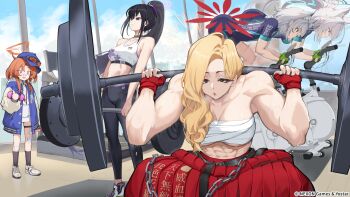 Rule 34 | 5girls, abs, akemi (blue archive), animal ear fluff, animal ears, black hair, blonde hair, blue archive, blue hat, blue sky, breasts, budget sarashi, chest sarashi, cleavage, clothes writing, cloud, commentary request, curtained hair, day, drawstring, dumbbell, english text, exercise bike, exercising, eyewear on headwear, fingerless gloves, gloves, grey eyes, grey hair, halo, hat, high ponytail, highres, holding, holding dumbbell, hood, hood down, hoodie, indoors, large breasts, long hair, long sleeves, looking at viewer, mole, mole under eye, motion blur, motion lines, multiple girls, muscular, muscular female, official alternate costume, official art, open mouth, orange hair, parted lips, pink eyes, ponytail, red gloves, rei (blue archive), sarashi, satou daiji, shiroko (blue archive), shiroko (cycling) (blue archive), shiroko terror (blue archive), short sleeves, sky, sports bra, squatting, standing, steaming body, sumire (blue archive), sweat, thigh strap, underboob, weightlifting, white hoodie, white sports bra, window