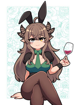 1girl absurdres ahoge alcohol animal_ears artist_name breasts bright_pupils brown_hair brown_pantyhose closed_mouth commentary crossed_legs cup drinking_glass english_commentary eyelashes fake_animal_ears feather_hair_ornament feathers feet_out_of_frame fingernails floral_background freydraws green_necktie grey_eyes hair_ornament heterochromia highres holding holding_cup indie_virtual_youtuber kumi_(vtuber) long_hair looking_at_viewer nail_polish necktie pantyhose playboy_bunny pointy_ears rabbit_ears red_nails scar scar_across_eye scar_on_face short_sleeves sidelocks sitting smile solo straight-on virtual_youtuber white_pupils wine wine_glass wrist_cuffs ych_commission yellow_eyes