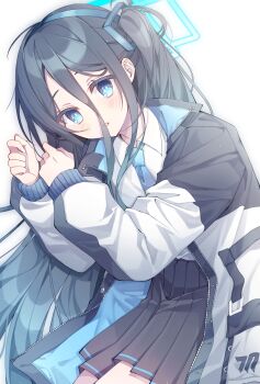 1girl aqua_eyes aqua_halo aris_(blue_archive) black_jacket black_skirt blue_archive blue_hairband blue_jacket blue_necktie blush collared_shirt commentary cowboy_shot grey_hair hair_between_eyes hairband halo highres jacket light_particles long_bangs long_hair long_hair_between_eyes long_sidelocks long_sleeves looking_at_viewer lying multicolored_jacket necktie on_side one_side_up open_clothes open_jacket parted_lips pleated_skirt puffy_long_sleeves puffy_sleeves rectangular_halo ringed_eyes s11nq school_uniform shirt sidelocks skirt sleeves_past_wrists solo two-sided_fabric two-sided_jacket very_long_hair white_background white_jacket white_shirt