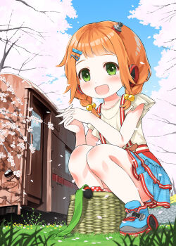1girl basket blue_sky brown_hair green_eyes highres sky station_memories tarumi_ayu train