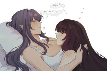 2girls blush breasts cleavage closed_eyes columbina_(genshin_impact) english_text genshin_impact hand_in_another&#039;s_hair heart highres kzscrpilled large_breasts lauma_(genshin_impact) multiple_girls parted_lips pointy_ears purple_hair simple_background smile speech_bubble sweat tank_top white_background white_tank_top yuri