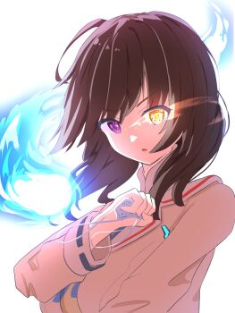 1girl brown_hair commentary cowlick eyepatch eyes_visible_through_hair floating_hair glowing glowing_eye hair_between_eyes hand_up heaven_burns_red heterochromia highres hiiragi_kozue hitodama holding_eyepatch jacket long_sleeves medical_eyepatch medium_hair open_mouth purple_eyes sailor_collar shaketamago simple_background solo upper_body v-shaped_eyebrows white_background white_sailor_collar yellow_eyes yellow_jacket