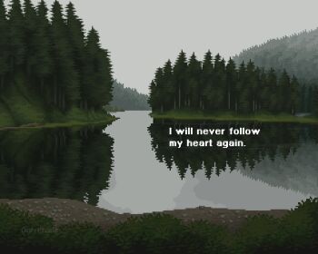 clear_sky english_text forest grey_sky hashtag-only_commentary highres mountainous_horizon nature no_humans onlypixeeels original outdoors pixel_art reflection reflective_liquid river scenery shore sky tree