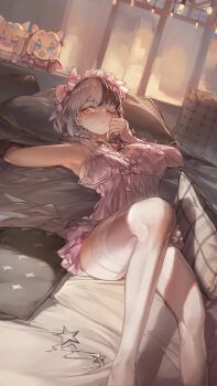 1girl arm_warmers black_hair bow braid breasts character_doll closed_mouth commentary dahaidan doll empire_waist feet_out_of_frame frilled_nightgown fuwawa_abyssgard grey_hair hair_bow hair_ornament hand_on_own_cheek hand_on_own_face hat highres hoeh_(meme) hololive hololive_english knee_up large_breasts long_hair looking_at_viewer low_twin_braids lying meme mococo_abyssgard multicolored_hair nightgown official_alternate_costume official_alternate_hairstyle on_back one_eye_closed pillow pink_arm_warmers pink_bow pink_hat pink_nightgown shiori_novella shiori_novella_(pajamas) sleepwear solo split-color_hair star_(symbol) star_hair_ornament thighhighs twin_braids two-tone_hair virtual_youtuber white_thighhighs window yellow_eyes
