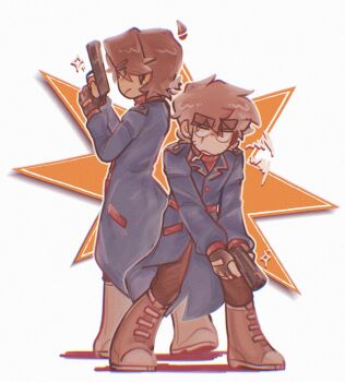 2boys ahoge antenna_hair back-to-back beard_stubble belo_icey belt black_pants blue_coat boots brown_hair cigarette coat commentary detached_ahoge eddsworld english_commentary facial_hair film_grain full_body grey_boots gun highres holding holding_gun holding_weapon long_sleeves male_focus multiple_boys pants patryck_(eddsworld) paul_(eddsworld) red_belt red_sweater scar scar_across_eye scar_on_face short_hair simple_background standing stubble sweater tan thick_eyebrows turtleneck turtleneck_sweater weapon white_background