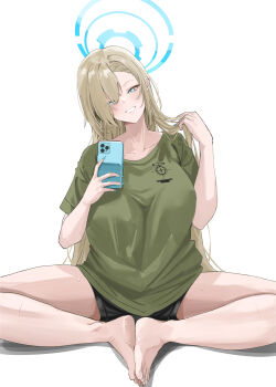 1girl absurdres alternate_costume aqua_eyes asuna_(blue_archive) barefoot blue_archive blue_halo breasts cellphone collarbone green_shirt halo highres holding holding_phone large_breasts miz_blank phone shirt simple_background sitting solo toes white_background