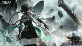 1boy 1girl aether_gazer artist_request ass black_hair black_leotard black_thighhighs character_request cloud cloudy_sky copyright_name copyright_notice crane_(machine) earrings facial_hair goatee green_nails hair_ornament hair_tubes highres jewelry leotard long_braid official_art pointing sky tassel tassel_earrings thighhighs thighs yingzhao_(aether_gazer)